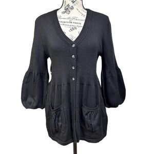 NWT Daisy Fuentes V-Neck Balloon Puff Sleeve Cardigan Sweater Black L